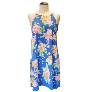 Pink Rose Floral Blue Sleeveless Dress
